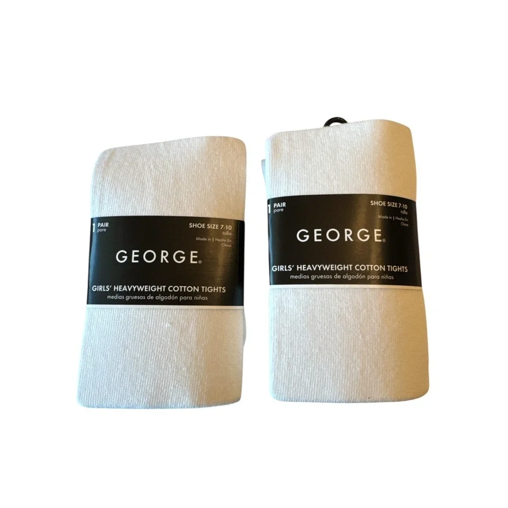 George Girls Heavyweight‎ Cotton Tights 2-Pair Pack White Shoe Size 7-10 NWT